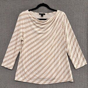 St. John chain link gold & white 3/4 sleeve drape neckline pullover top Size L